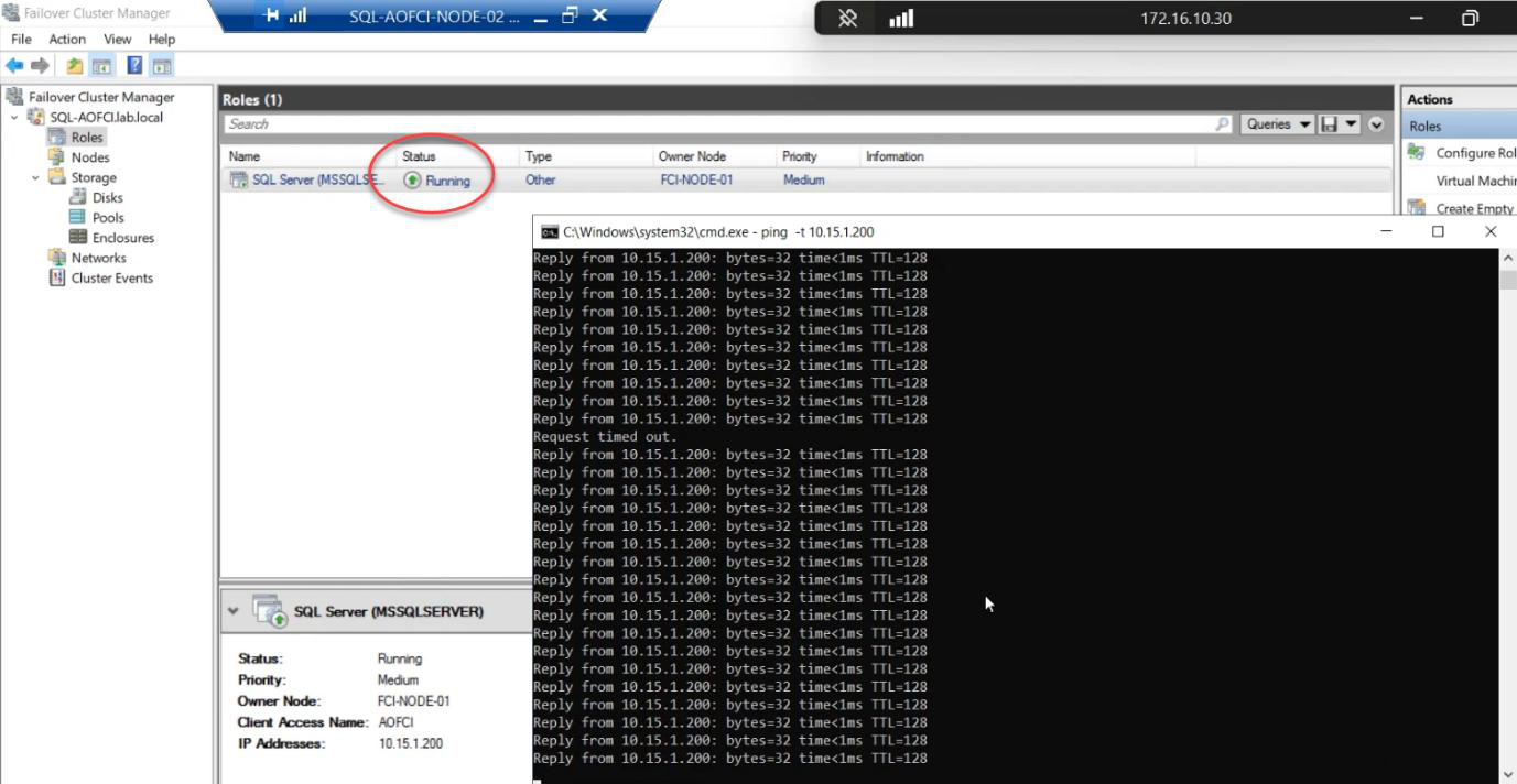 FCM Roles pane after manual failover with status briefly Pending then Running and Owner Node now Node-01, the visual confirmation of successful manual move