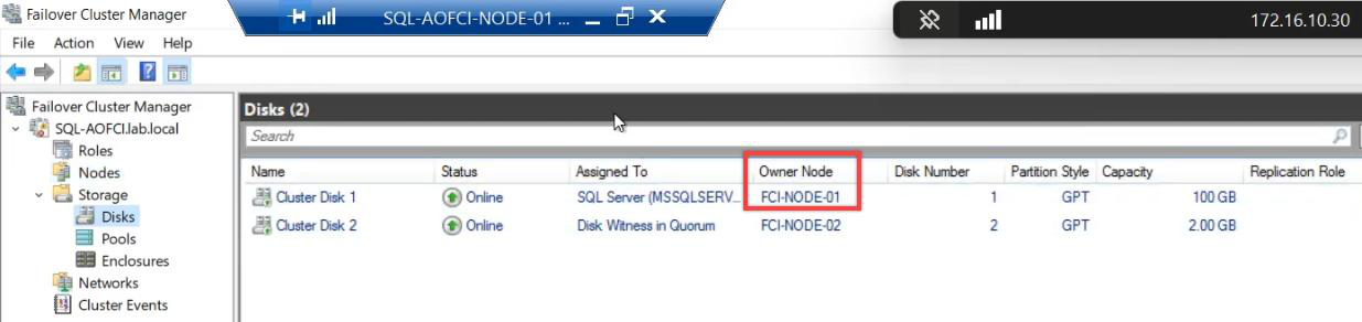 FCM verification showing Current Owner Node-01 with the cluster disks now Online on Node-01, the post-failover state