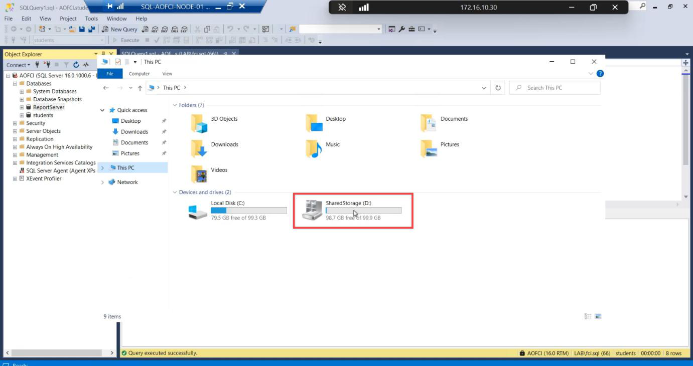 File Explorer on Node-01 showing the shared SQL data drive mounted and accessible vs File Explorer on Node-02 showing the drives gone, the proof that storage was atomically reassigned by the cluster service