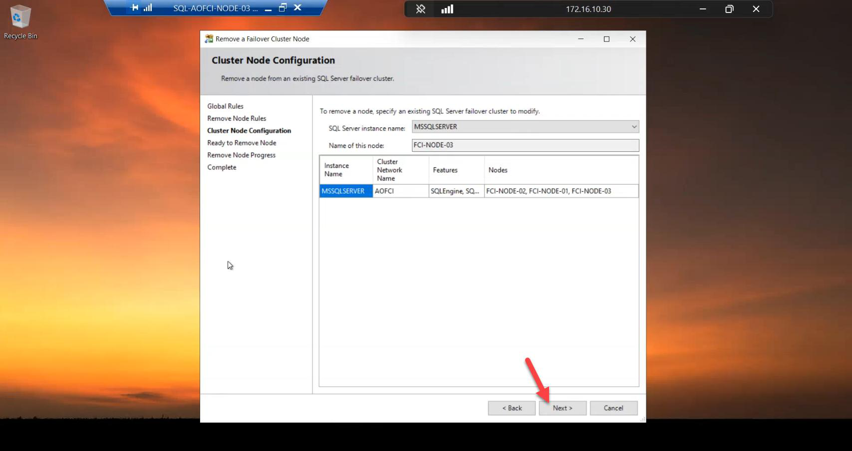 Cluster Node Configuration step of the Remove Node wizard with the wizard auto-detecting Node-03 as the target for SQL removal