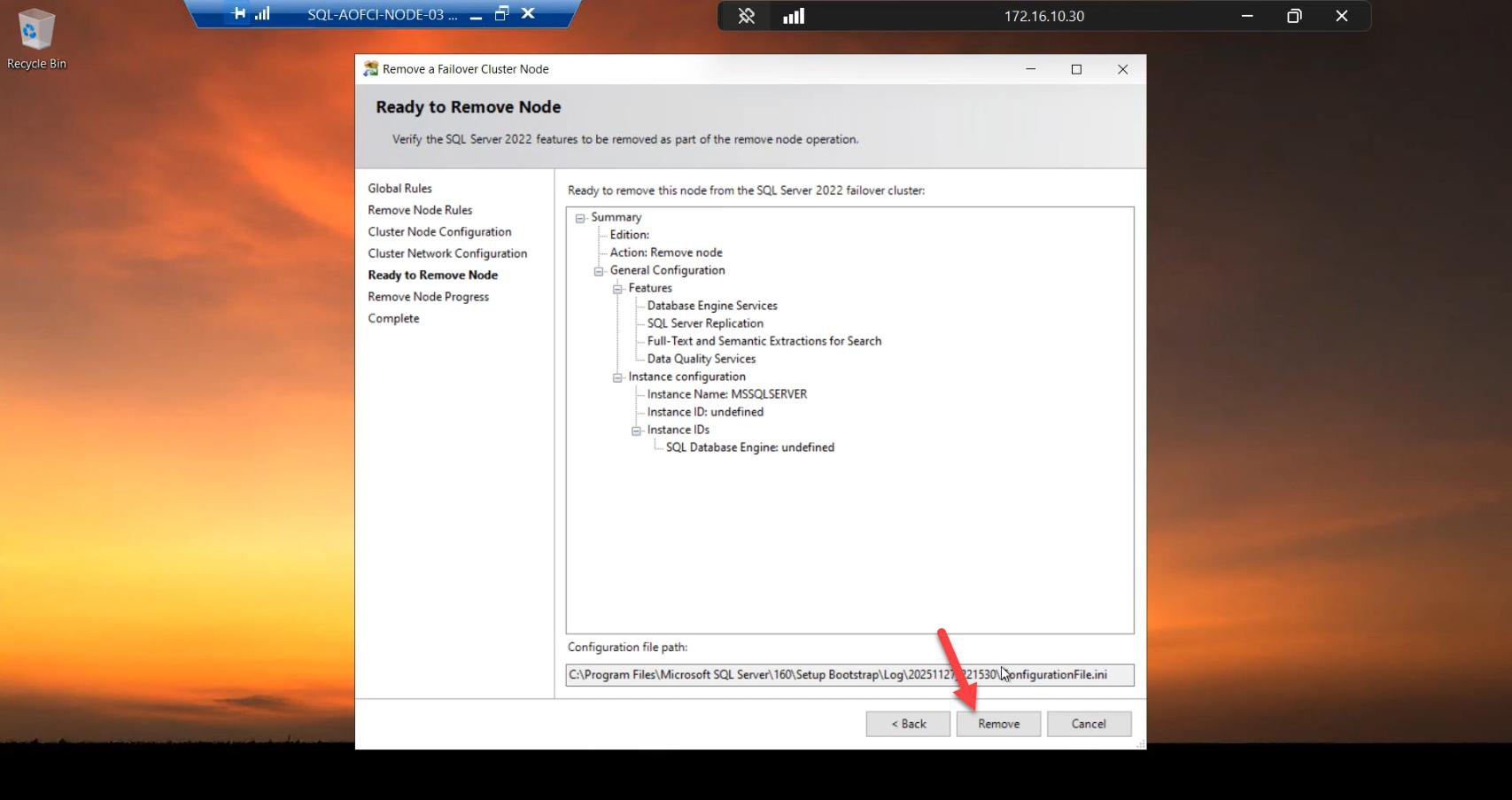 Remove Node operation in progress on Node-03 showing the SQL Server binaries being unregistered from the cluster instance