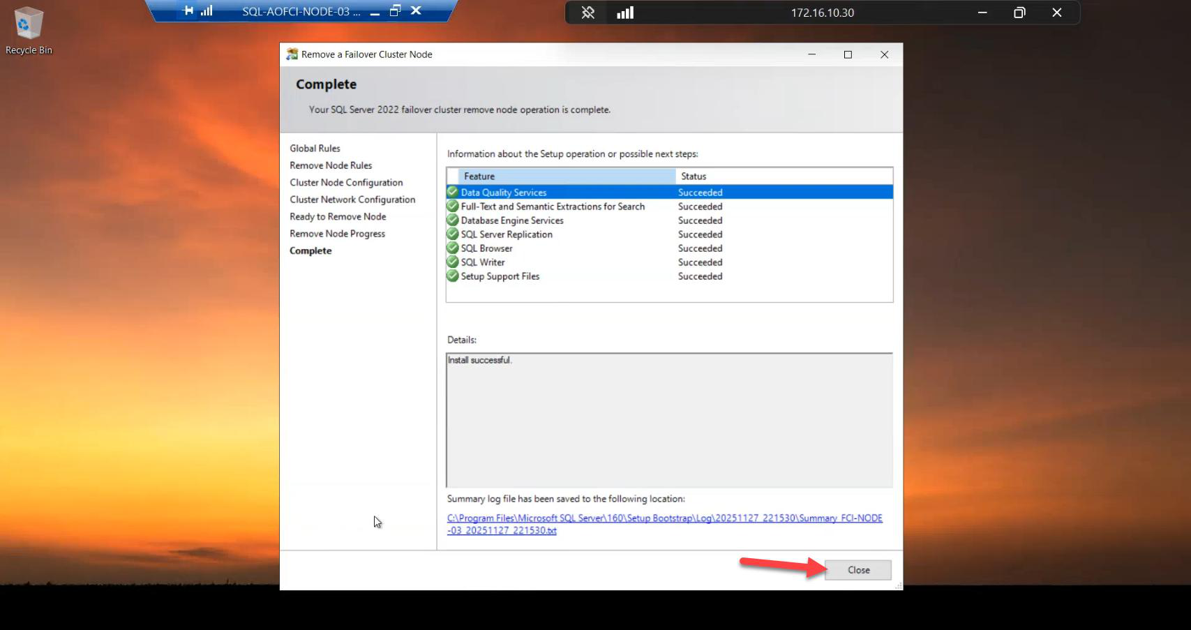 Remove Node completion dialog confirming Node-03 has been removed from the SQL FCI Possible Owners list (but Node-03 is still in the Windows cluster at this point)