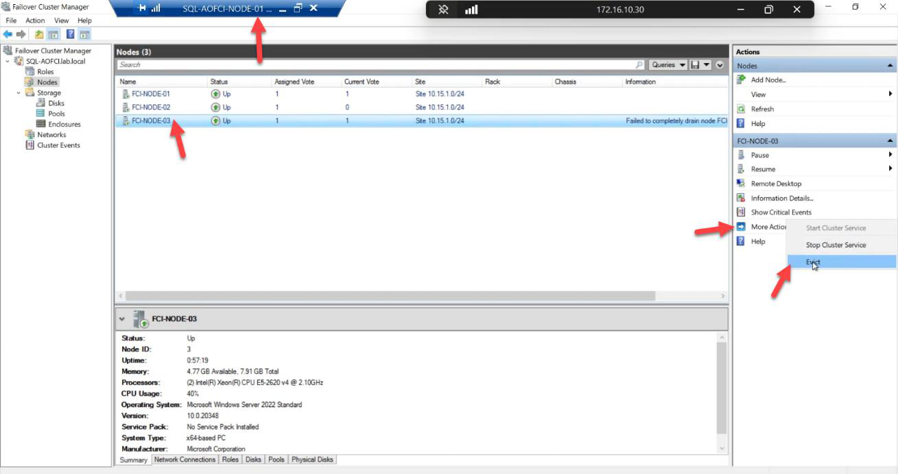 Failover Cluster Manager Nodes pane on Node-01 with right-click context menu on Node-03 showing More Actions > Evict, the cluster-level remove operation that follows SQL removal” /><figcaption>Phase 2 step 1: switch to Node-01 (or Node-02). FCM > Nodes > right-click <strong>Node-03</strong> > <strong>More Actions</strong> > <strong>Evict</strong>.</figcaption></figure>
<p>Switch to Node-01 (or Node-02). FCM > Nodes > right-click <strong>Node-03</strong> > <strong>More Actions</strong> > <strong>Evict</strong>.</p>
<figure class=