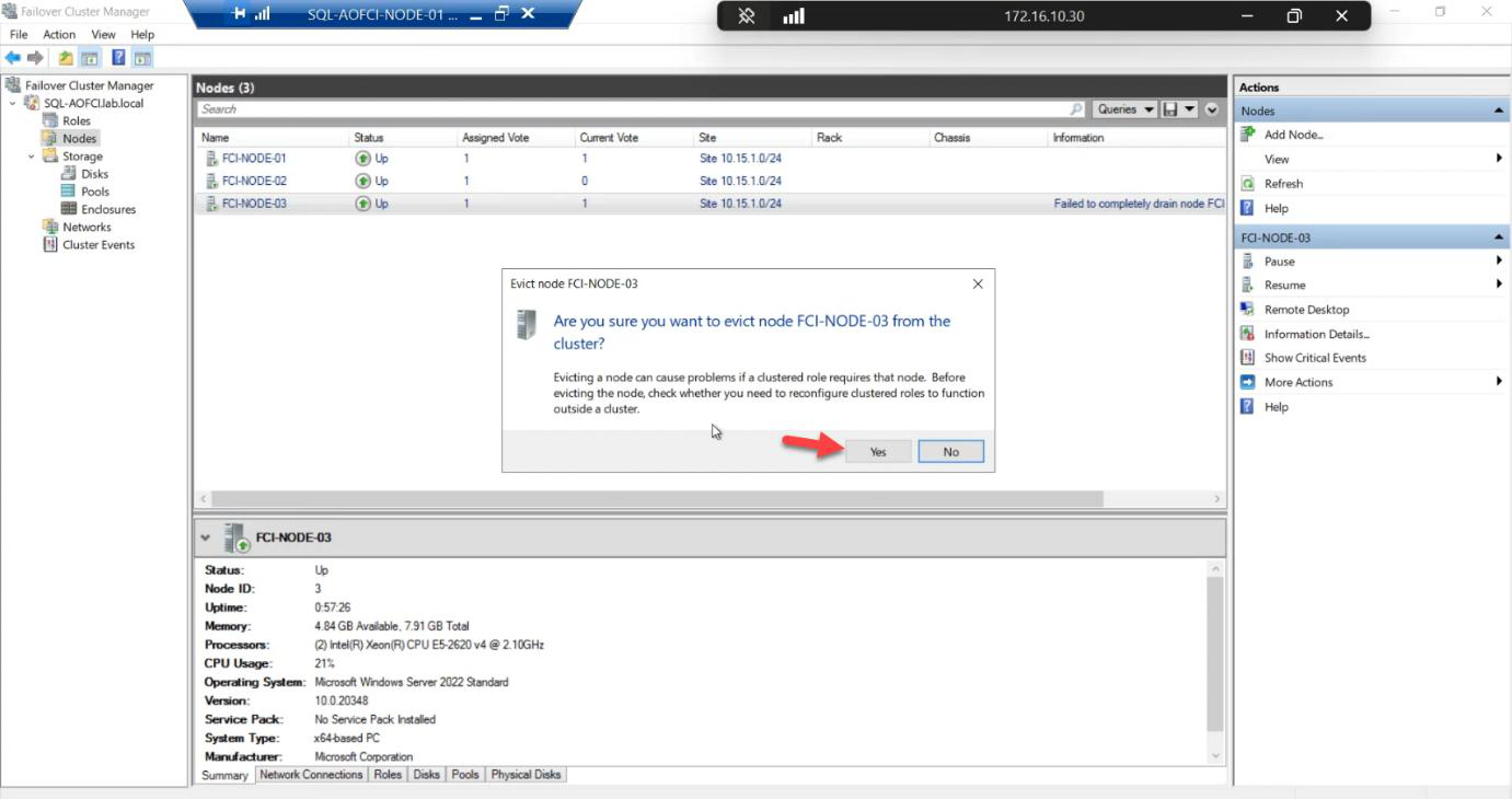 Evict confirmation dialog asking to confirm the eviction of Node-03 from the Windows Failover Cluster