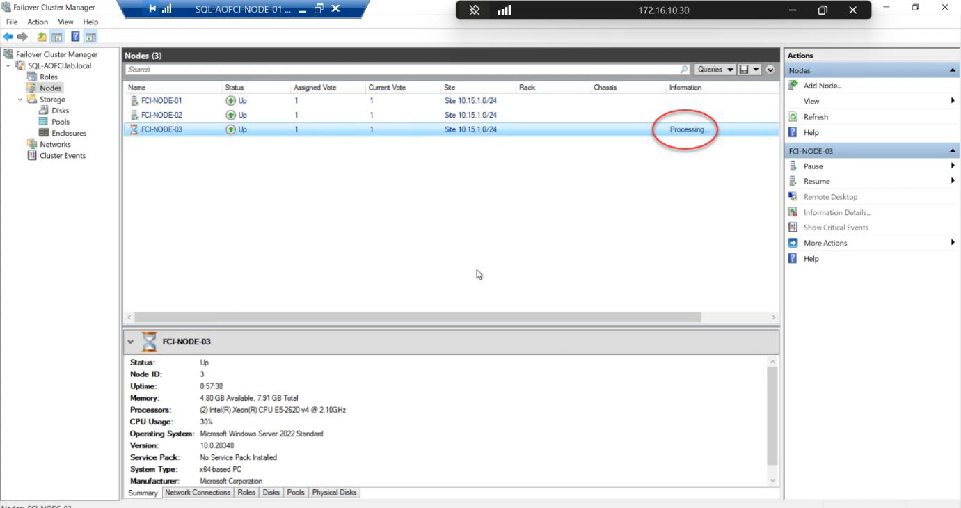 FCM showing Node-03 status briefly Processing during the evict operation, the cluster service removing all references to the node