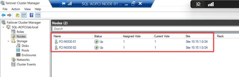 FCM Nodes pane after eviction showing only Node-01 and Node-02 remaining, Node-03 has been completely removed from the Windows cluster