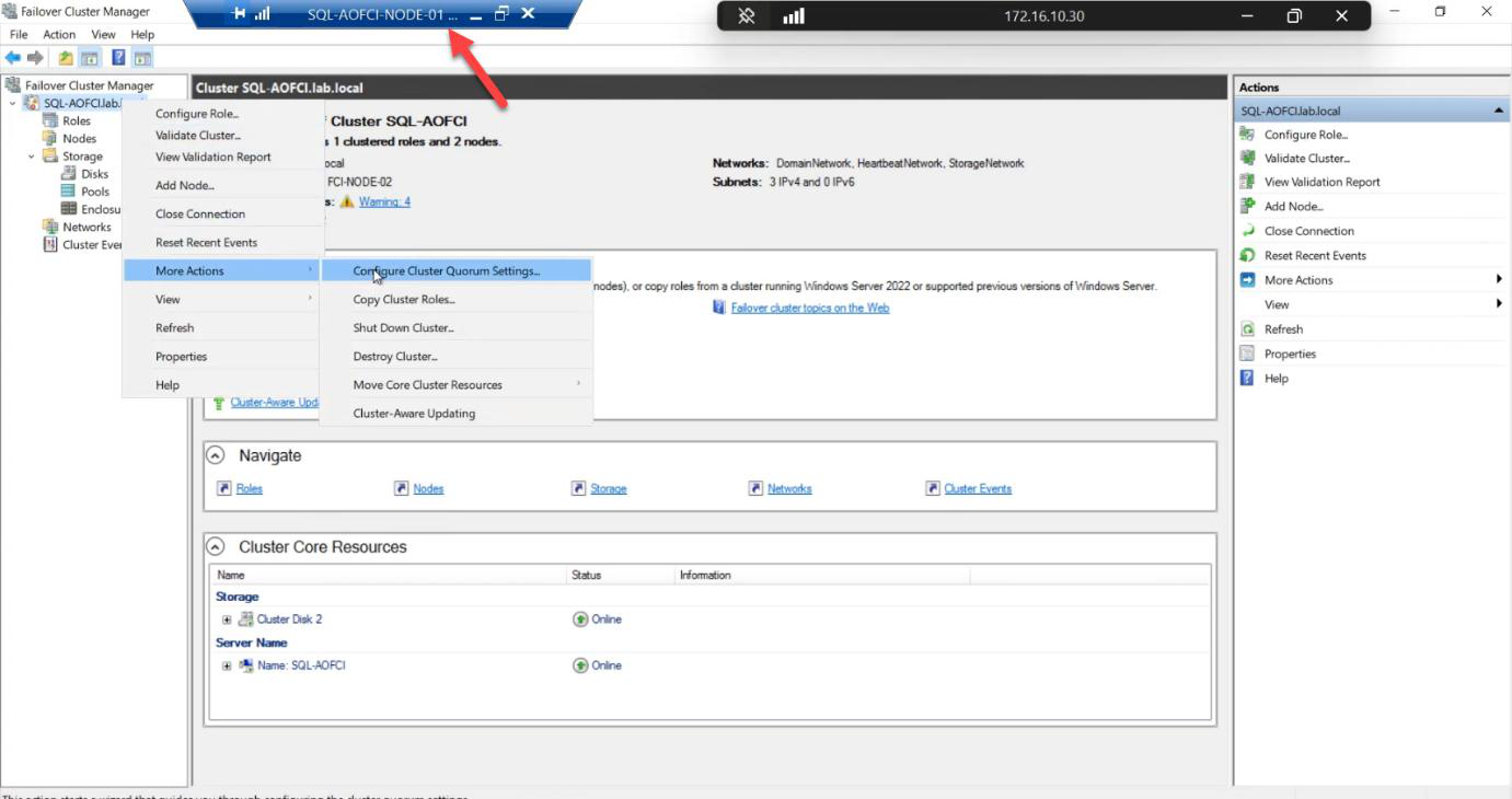 FCM with the cluster name right-clicked showing More Actions > Configure Cluster Quorum Settings menu item, the entry to reconfigure quorum after node count change” /><figcaption>Phase 3: reconfigure quorum. With node count changed (3 &rarr; 2), the cluster vote calculation needs reconsidering. Right-click cluster name > More Actions > <strong>Configure Cluster Quorum Settings</strong>.</figcaption></figure>
<p>FCM > right-click cluster name > More Actions > <strong>Configure Cluster Quorum Settings</strong>.</p>
<figure class=
