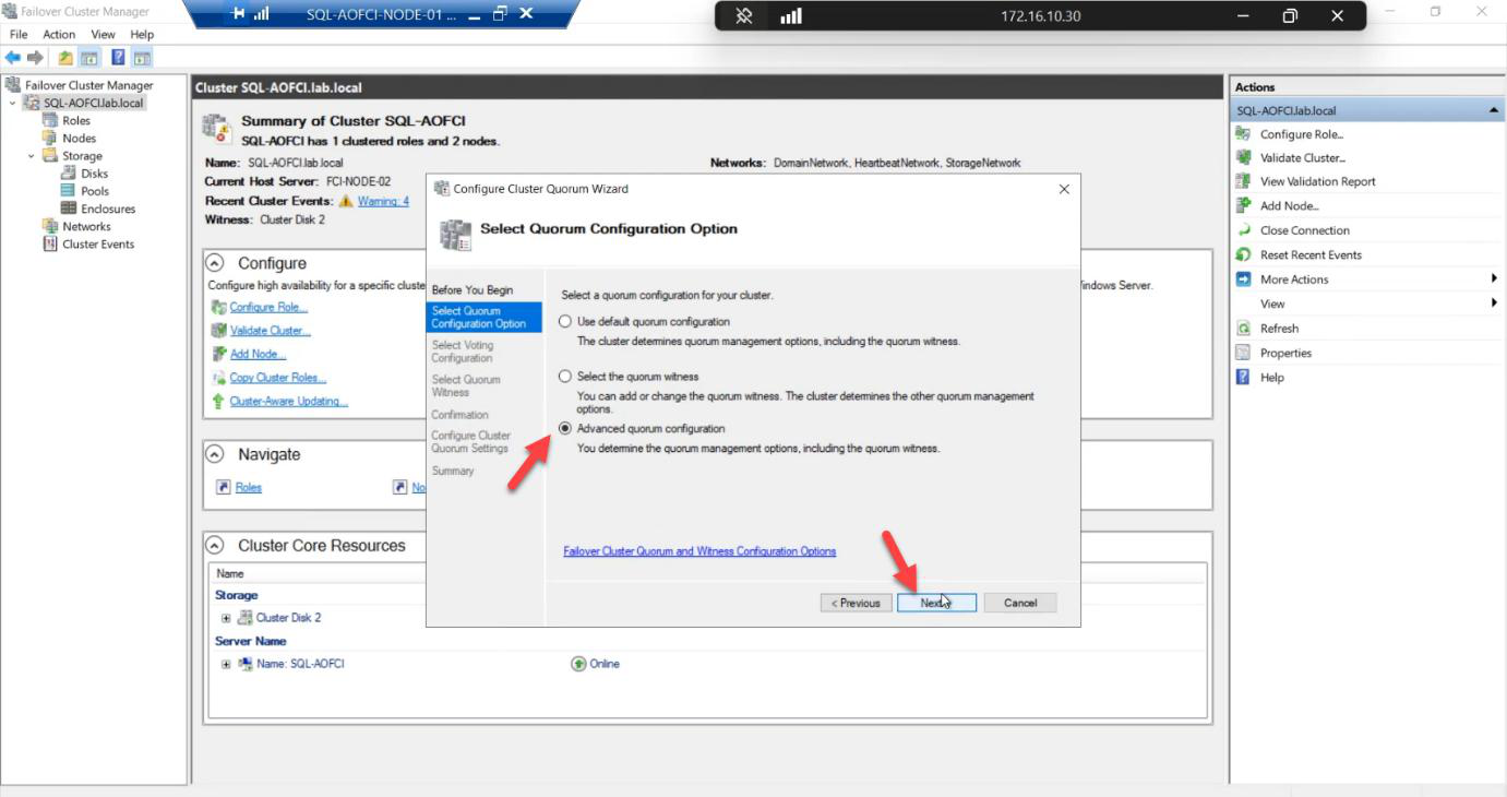 Configure Cluster Quorum Wizard with Advanced quorum configuration selected to allow explicit control over voting and witness