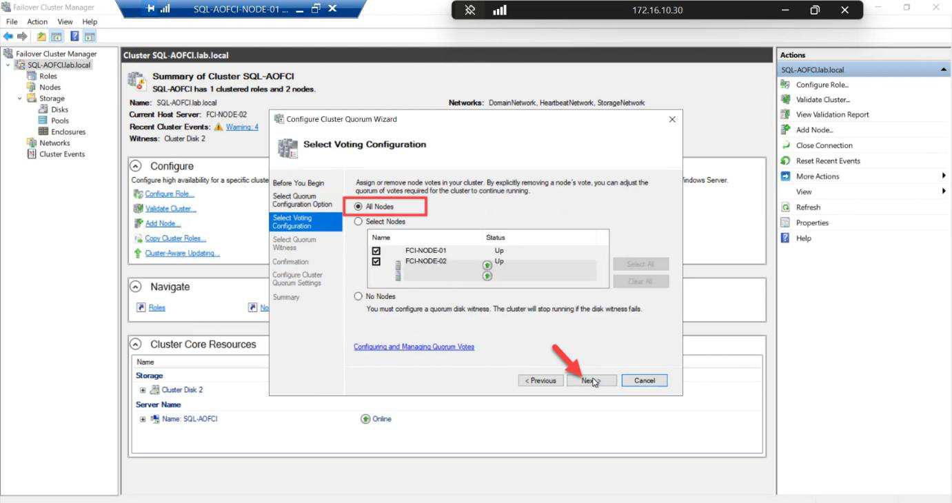 Select Voting Configuration step with Node-01 and Node-02 both ticked as voting members, the explicit voter list for the now-2-node cluster