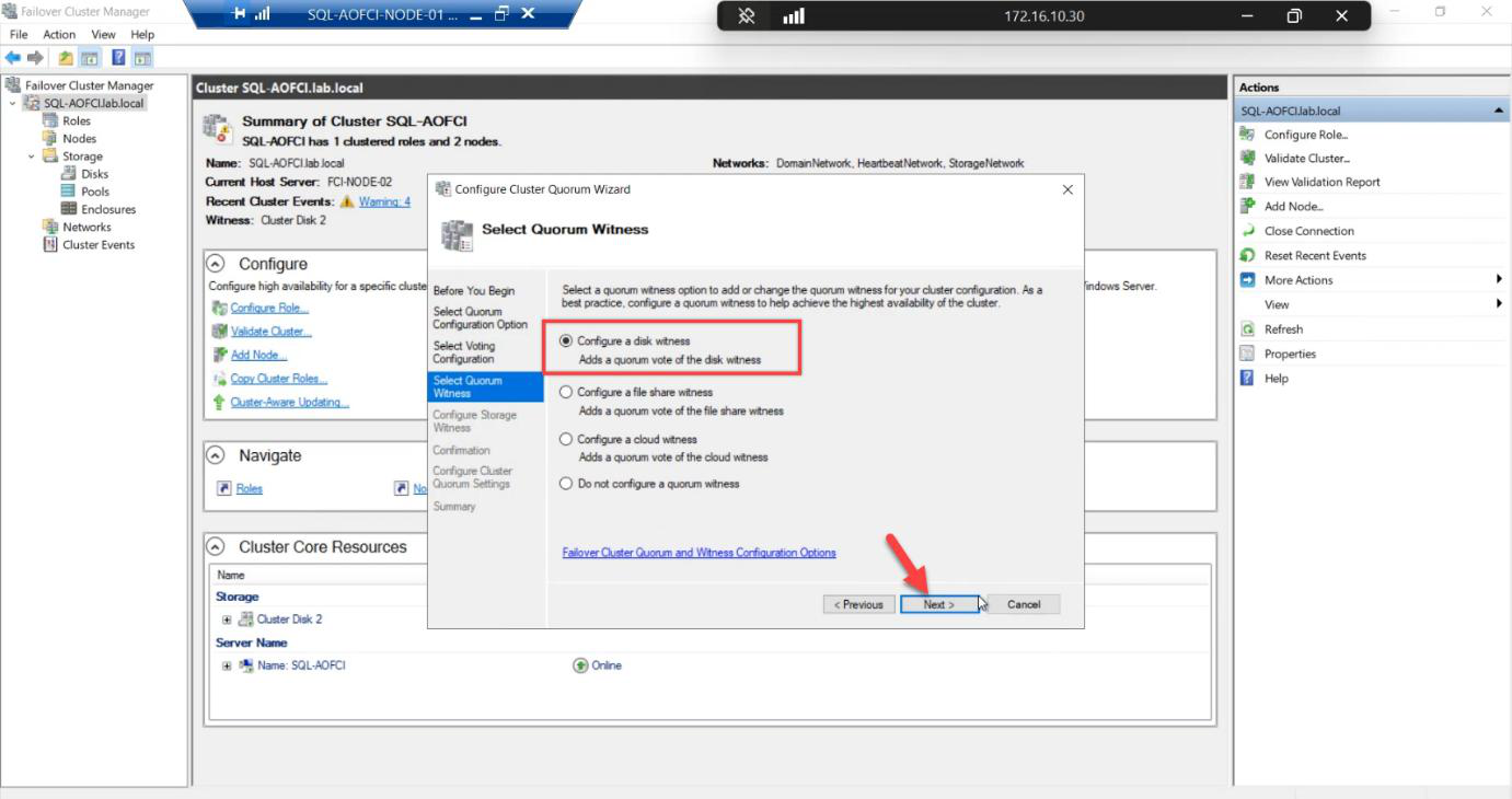 Quorum Witness step with Configure a disk witness selected since the cluster is back to even node count and needs the disk witness as tie-breaker