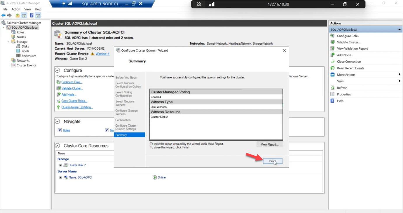 Quorum reconfiguration completion confirming the cluster now operates with 2 nodes and disk witness, the healthy state for a 2-node FCI