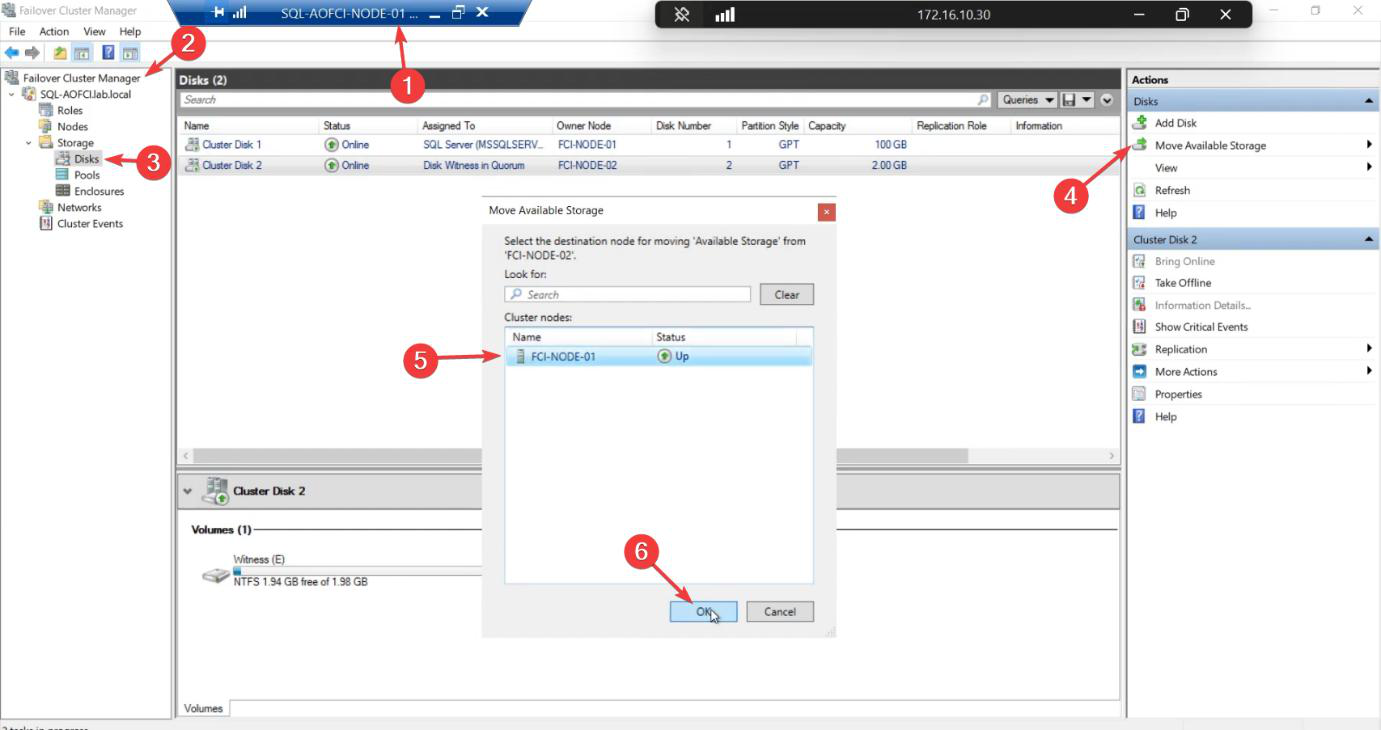 FCM Storage > Disks pane with right-click on Cluster Disk 2 showing Move Available Storage > Select Node menu item, the entry for moving a single disk independently of SQL” /><figcaption>Phase 4: move a single disk independently. FCM > Storage > Disks > right-click a disk > <strong>Move Available Storage</strong> > Select Node. Useful for individual storage maintenance without touching the SQL role.</figcaption></figure>
<p>FCM > Storage > Disks > right-click a disk > <strong>Move Available Storage</strong> > Select Node.</p>
<figure class=
