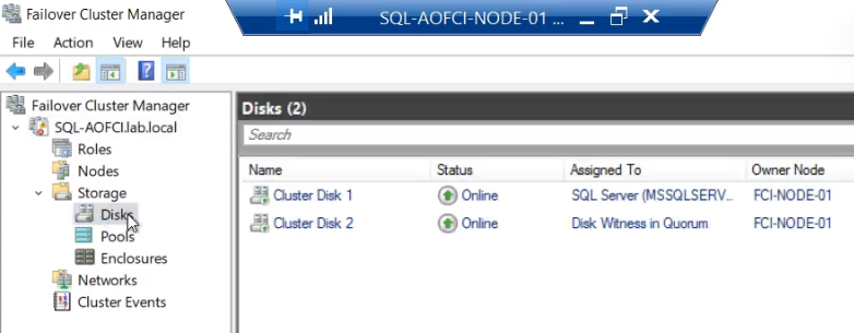 Disk move completion with Cluster Disk 2 now owned by Node-01 (or whichever target was selected), demonstrating granular disk-level control without touching the SQL role