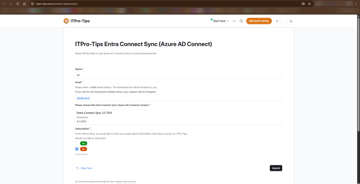 Browser at itpro-tips.com/contact-aadconnect/ showing the download link for Entra Connect version 2.5.79.0, the community-maintained archive that hosts older Entra Connect installers Microsoft no longer offers
