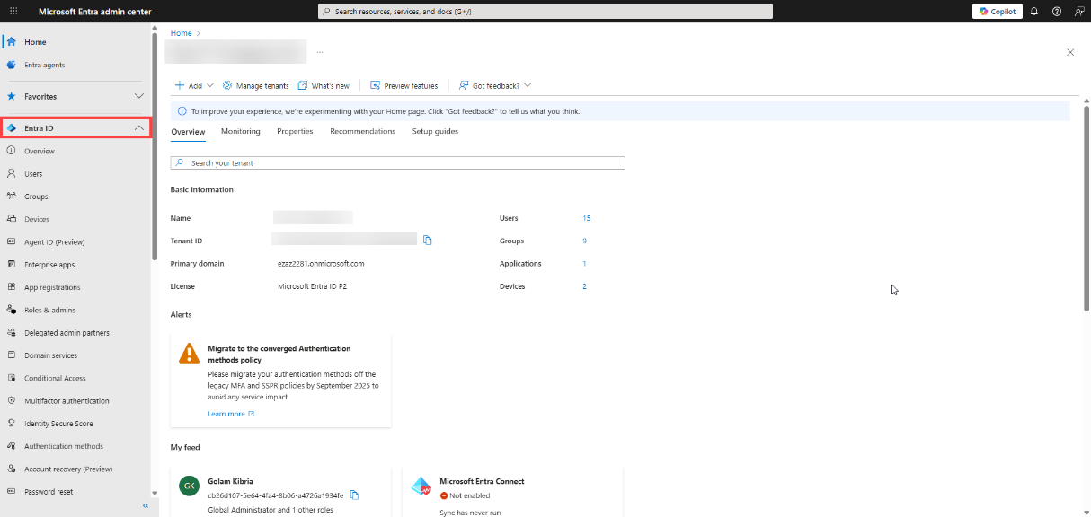 Microsoft Entra admin centre with the left navigation expanded to Hybrid management showing the Entra Connect node, the official source for the latest Entra Connect installer