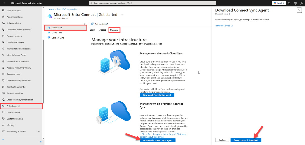 Entra Connect download dialog in the admin centre with the Accept terms & download button highlighted, the click that initiates the latest AzureADConnect.msi download