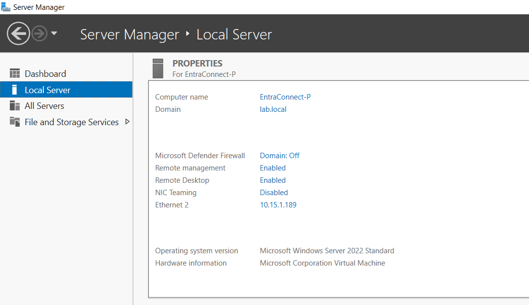 Elevated PowerShell ISE window open on the freshly built Entra Connect server VM with the title bar showing Administrator privileges, the staging environment for running the TLS check and enable scripts