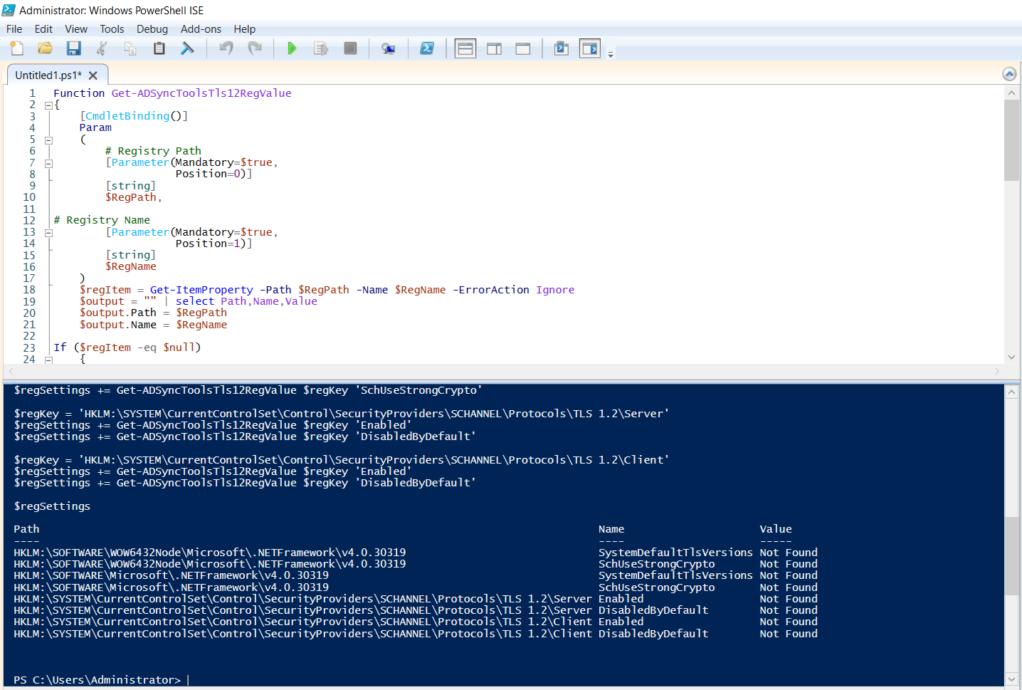PowerShell ISE output of the Microsoft TLS-1.2-check script showing several registry value rows where the Value column reads Not Found, confirming TLS 1.2 is not yet configured on this fresh Server install