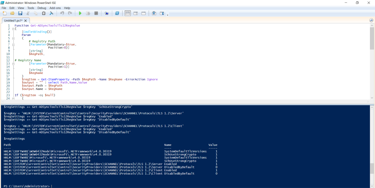 PowerShell ISE re-running the TLS-1.2-check script after the enable script ran, with the Value column now showing 1 in every row that previously showed Not Found, the green-light verification before installing Entra Connect