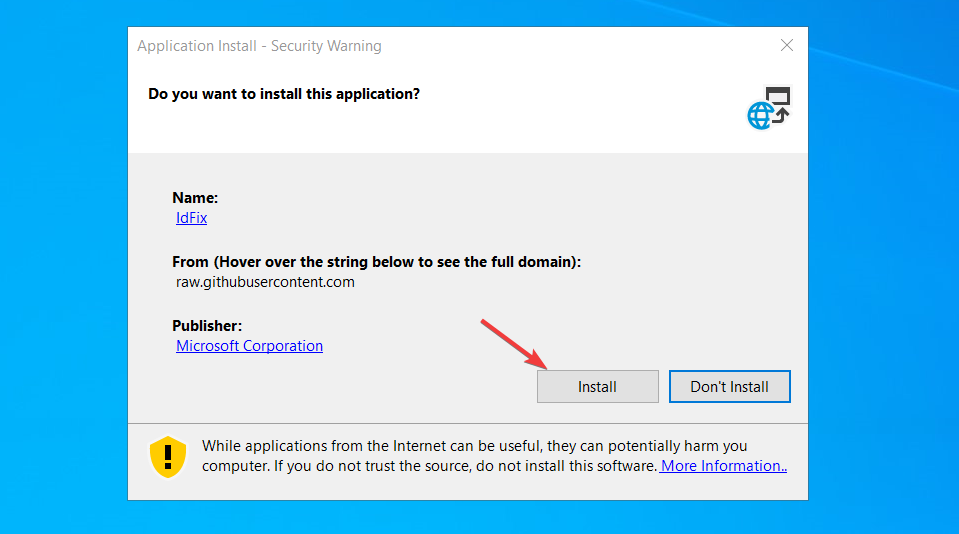 IdFix Installer dialog with the Install button highlighted after right-click + Run as administrator on setup.exe, the second-step click that places the IdFix application on the Entra Connect server