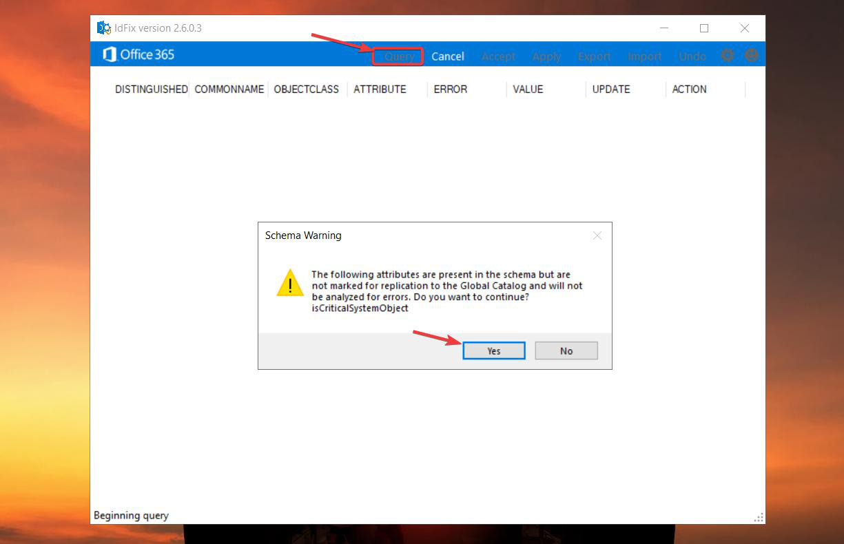 IdFix main window with the Query button in the ribbon highlighted and a generic warning popup about Querying the schema with the Yes button highlighted, the trigger that starts the directory scan