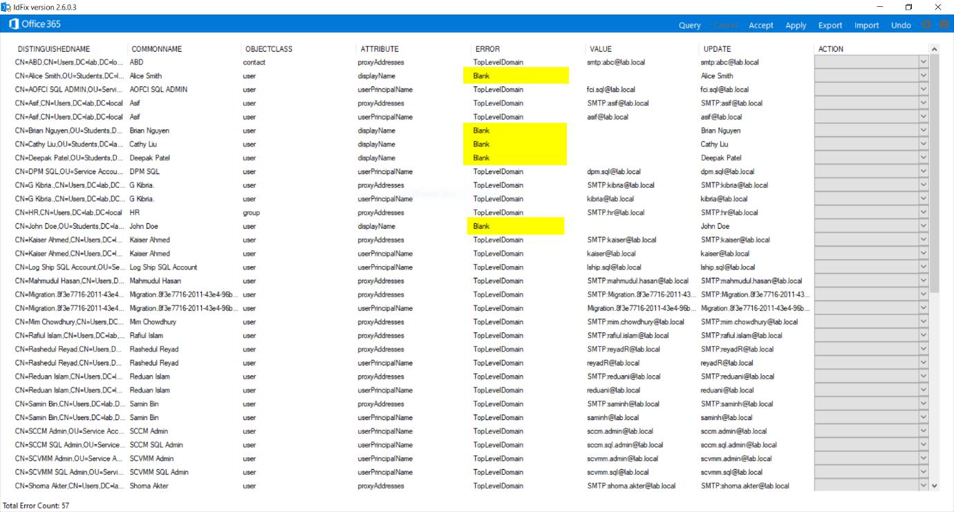 IdFix results pane after a Query run showing multiple rows with TopLevelDomain errors marked yellow and a few rows with Character and Duplicate errors marked red, the visual diagnostic surface