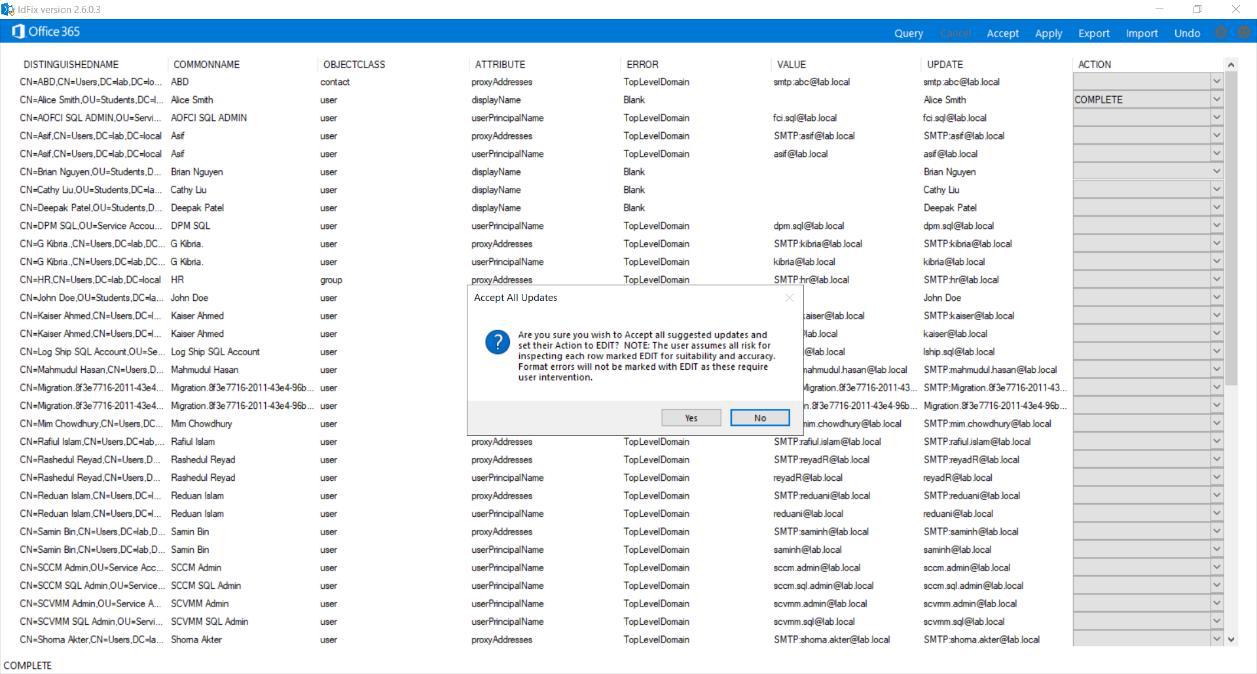 IdFix selected rows with the Accept button in the ribbon highlighted and the UPDATE column populated with IdFix-suggested fix values, the queueing step before changes are written to AD