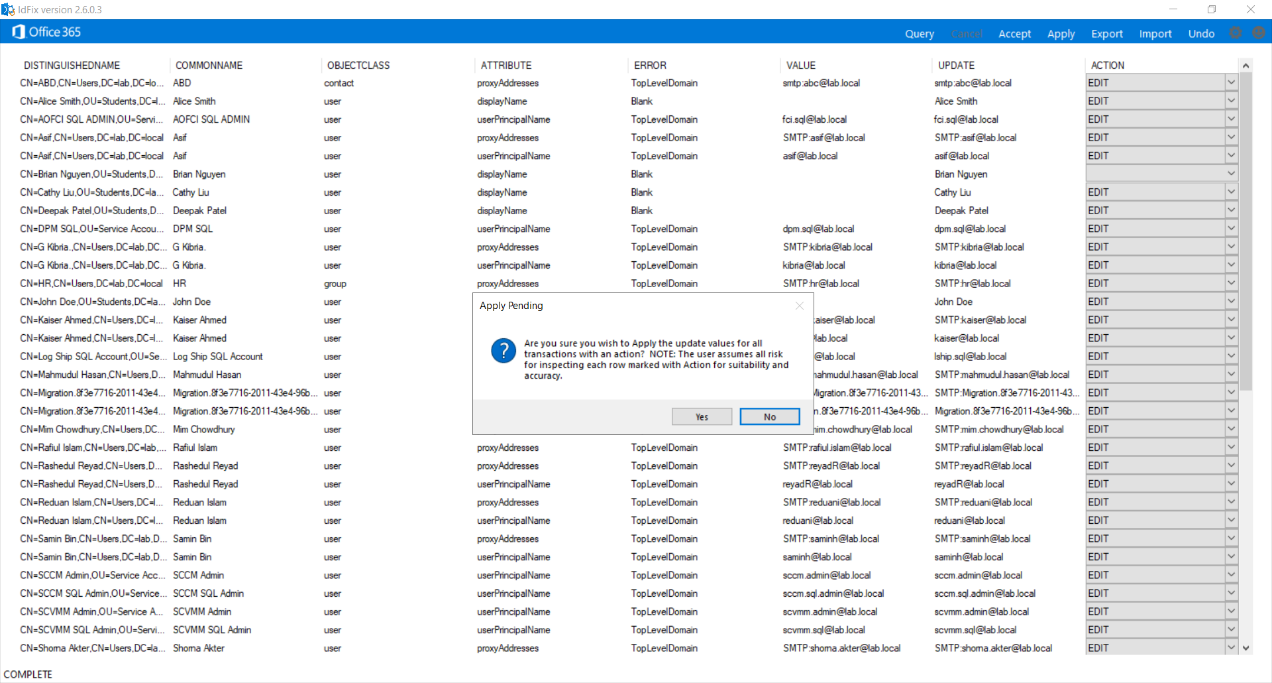 IdFix Apply button in the ribbon highlighted with a confirmation dialog showing Yes button to commit the changes, the irreversible step that writes the suggested fixes back to Active Directory