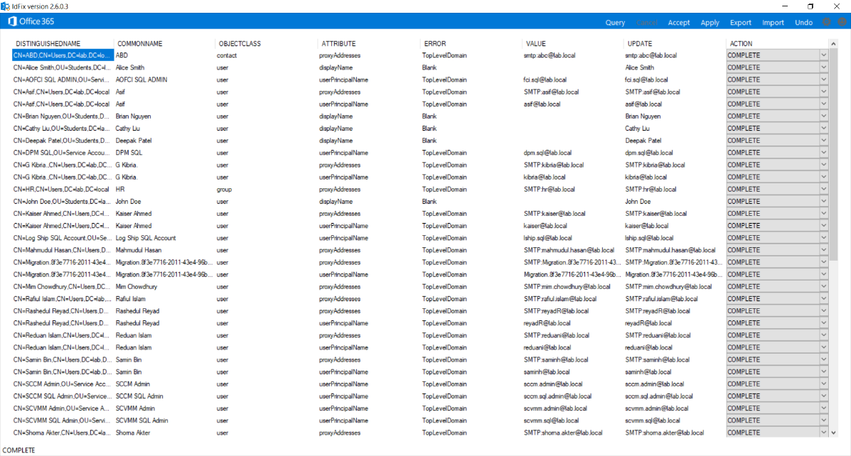 IdFix results pane after Apply completes with the ACTION column showing COMPLETE for each previously-fixed row, the visual confirmation that the writes succeeded