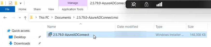 Right-click context menu on AzureADConnect.msi with Run as administrator highlighted, the elevation step required for the installer to register Windows services