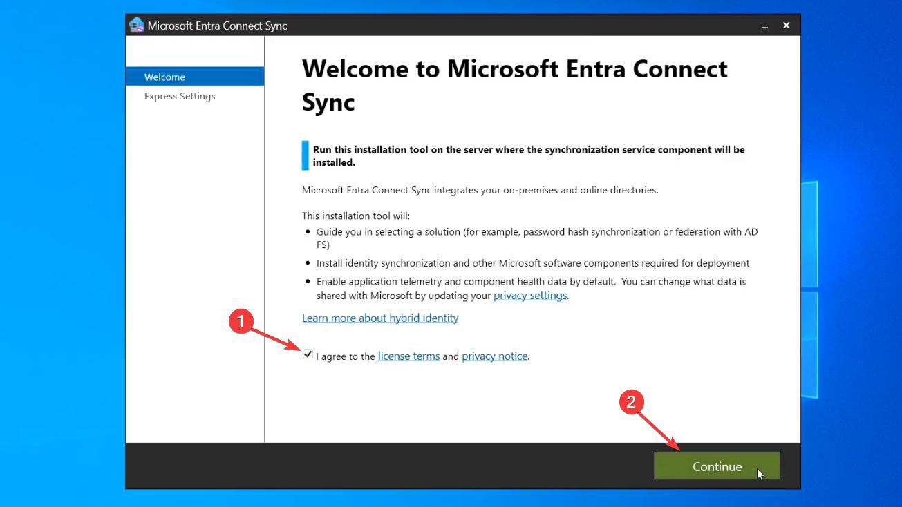 Entra Connect installer Welcome page with the License terms checkbox ticked and the Continue button highlighted, the first wizard interaction