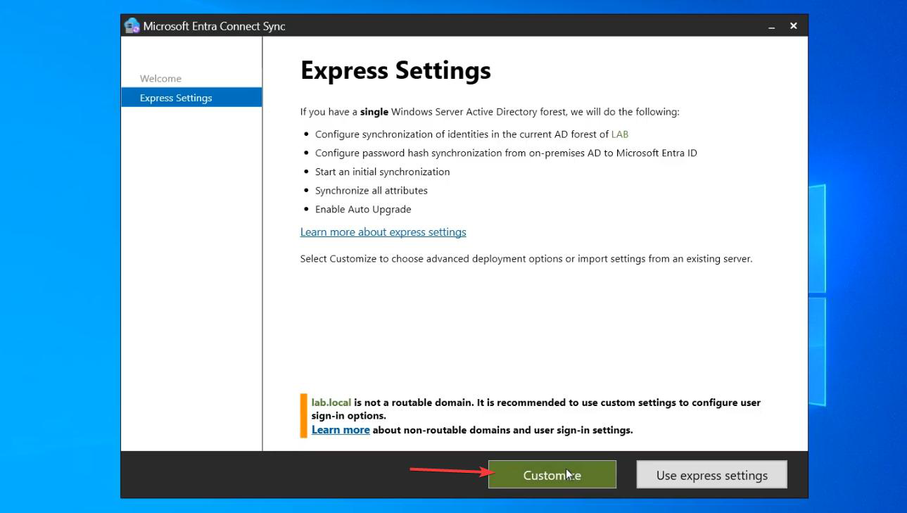 Express Settings page of the Entra Connect installer with the Customize button at the bottom highlighted instead of the default Express button, the choice that opens up the OU-filtering and component selection options