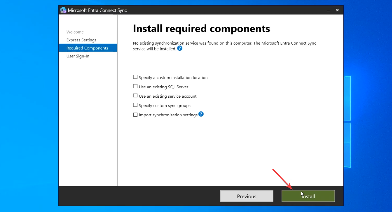 Required Components page with the Install button highlighted, the synchronization engine being installed alongside its supporting binaries on the EC server