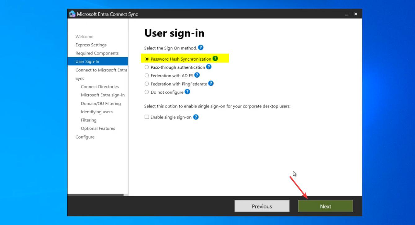 User Sign-In page with Password Hash Synchronization radio option selected and Next button highlighted, the choice that ships password hashes (not plaintext) to the cloud for sign-in validation