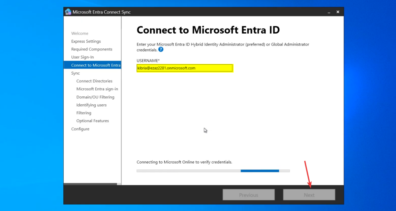 Connect to Entra ID page with Global Administrator credentials entered and the cloud sign-in MFA prompt visible, the cloud-side authentication that authorizes the install