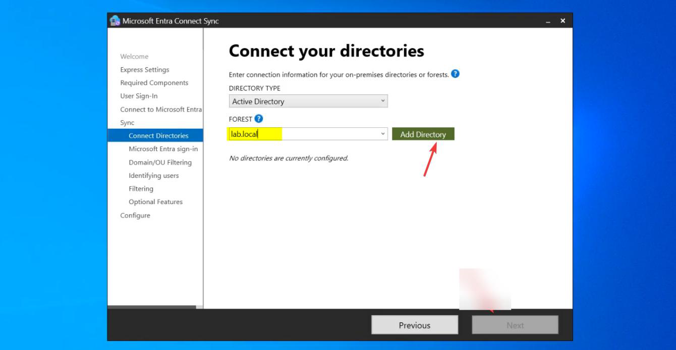 Connect Your Directories page with Add Directory button visible and the AD forest dropdown ready to select the local domain