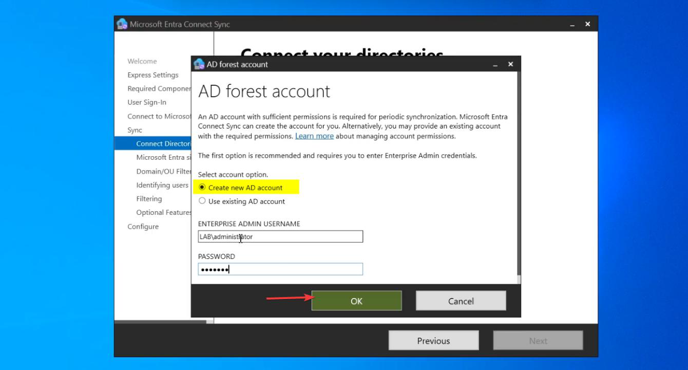 Add Directory dialog with Create new AD account selected and Enterprise Admin credentials entered, the elevation that lets the installer auto-create the MSOL_ service account in AD
