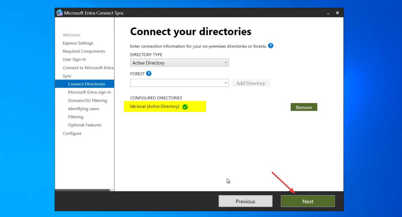 Connect Your Directories page after the directory is added showing the configured forest entry and Next button highlighted
