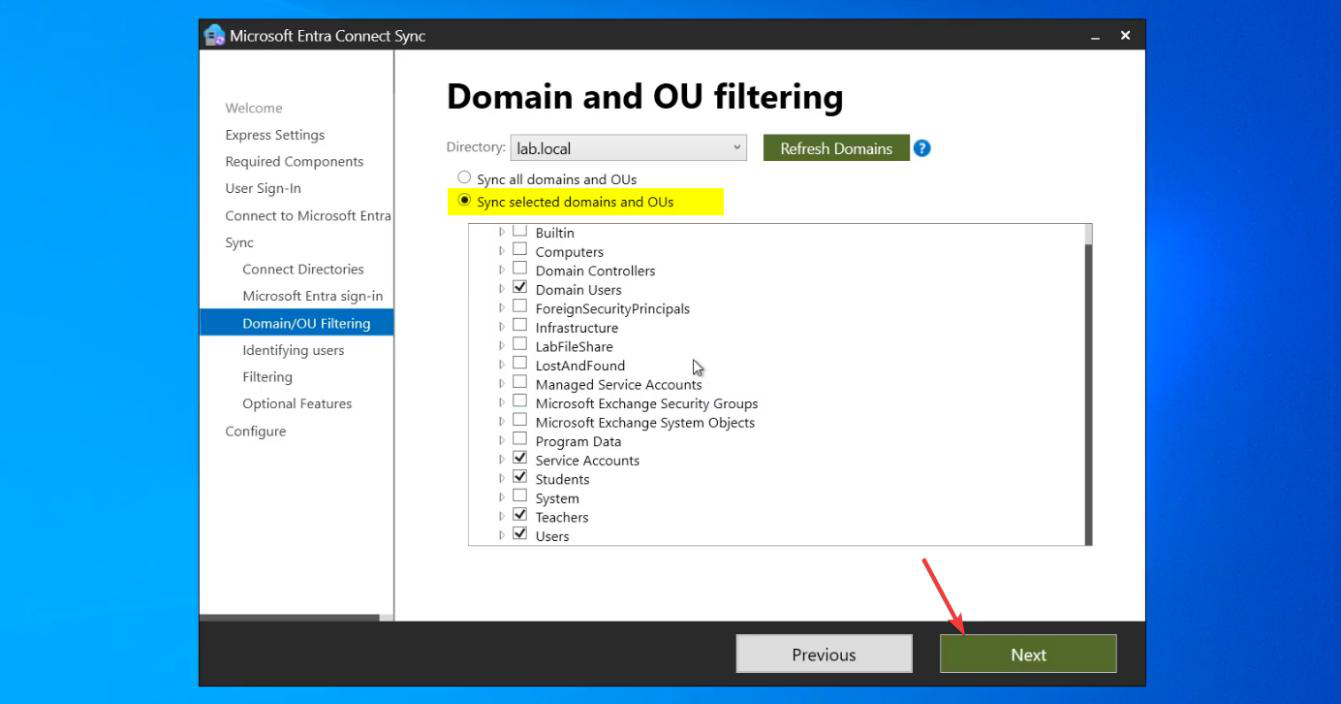 OU filtering tree showing the domain root unchecked and only specific Organizational Units (e.g. Sales, Engineering, Finance) ticked, the granular selection that limits sync scope to chosen branches