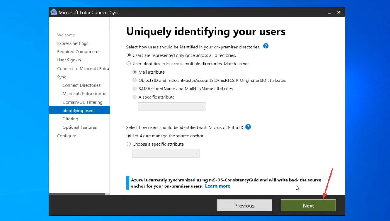 Identifying Users page with default Source Anchor mS-DS-ConsistencyGuid and matching attribute UserPrincipalName visible, the source-anchor and matching configuration left at the recommended defaults