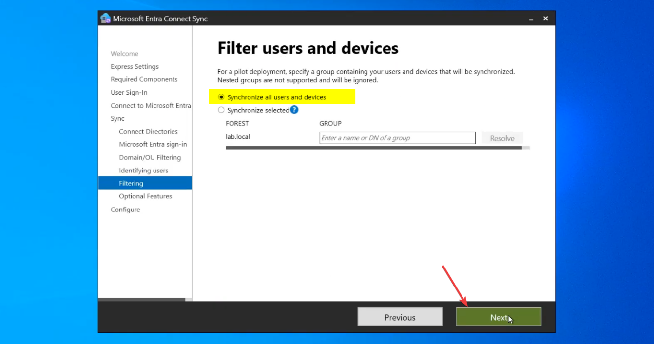Filter Users and Devices page with the Synchronize all users and devices radio option selected, the filter scope confirming everything in the chosen OUs gets synced