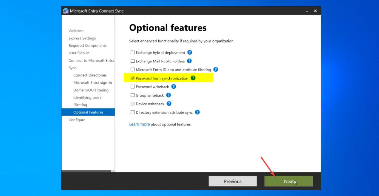 Optional Features page with all checkboxes blank except Password Hash Synchronization (which is automatically selected based on Step 3), the deliberate non-selection of Exchange Hybrid and other features