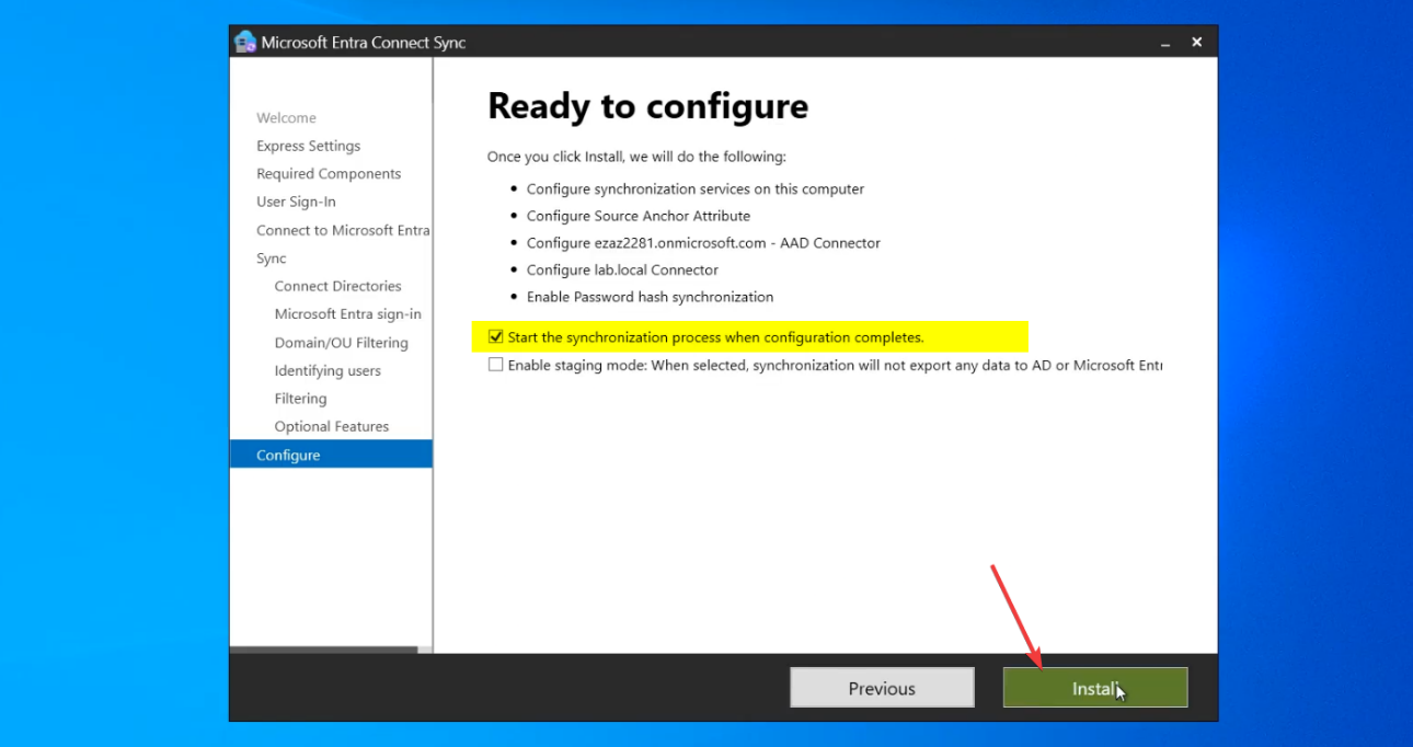 Ready to Configure page with the Start the synchronization process when configuration completes checkbox ticked and the Install button highlighted, the final commit point of the wizard
