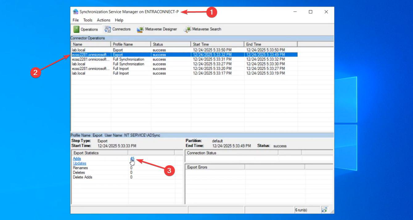 Synchronization Service Manager (a desktop app on the EC server) showing the operations history with Success entries for Import and Export jobs, the verification that data is moving