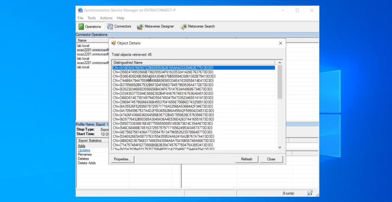 Synchronization Service Manager Export Statistics for the [tenant].onmicrosoft.com run profile showing Adds count and a list of newly synced users