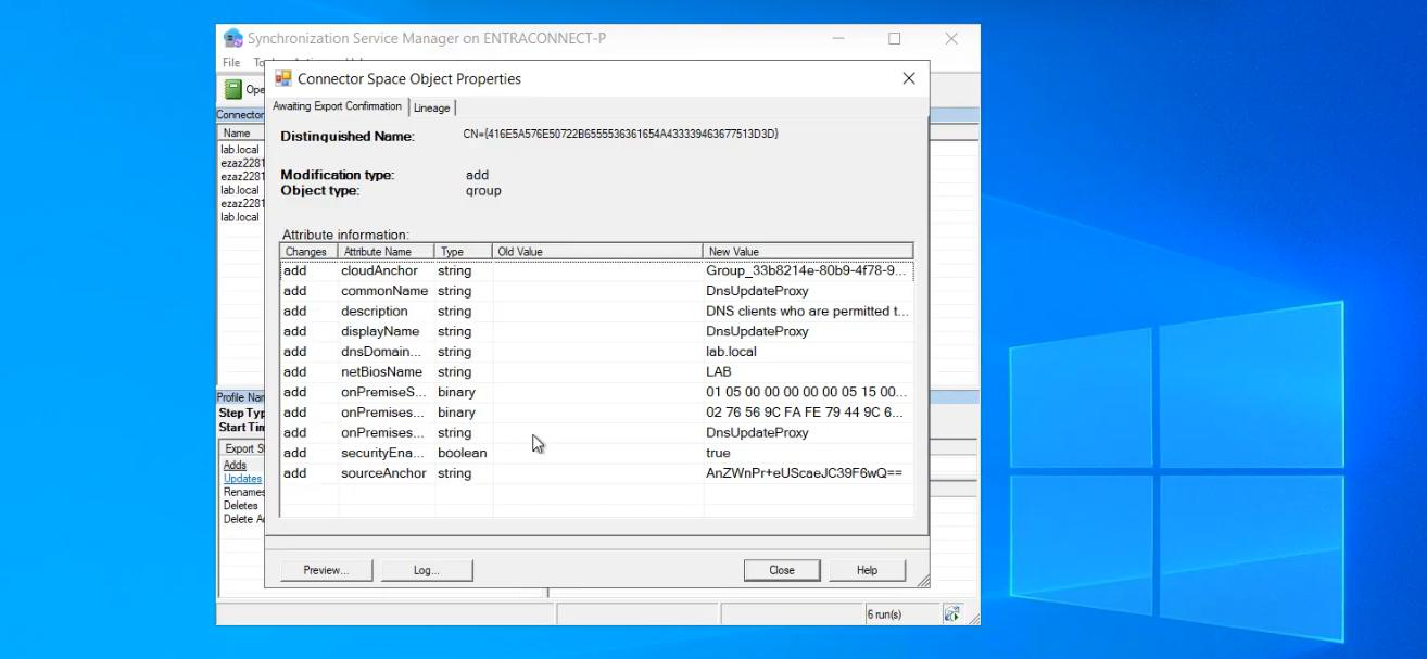 User detail dialog opened from the Adds list showing the Distinguished Name and key attributes of a recently-synced user, the proof of which user object made it to the cloud