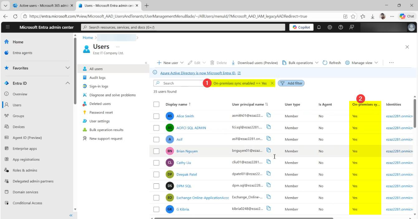 Microsoft 365 admin centre Users > Active Users page showing the synced on-prem users now visible alongside any cloud-only users, the second-place verification” /><figcaption>Verify (Method 2) &mdash; M365 admin centre > Users > Active Users. Synced users appear here within a couple of minutes of the export completing. Their identity source shows as &ldquo;Synchronized with Active Directory&rdquo; rather than &ldquo;Cloud only.&rdquo;</figcaption></figure>
<p>Sign into <a href=