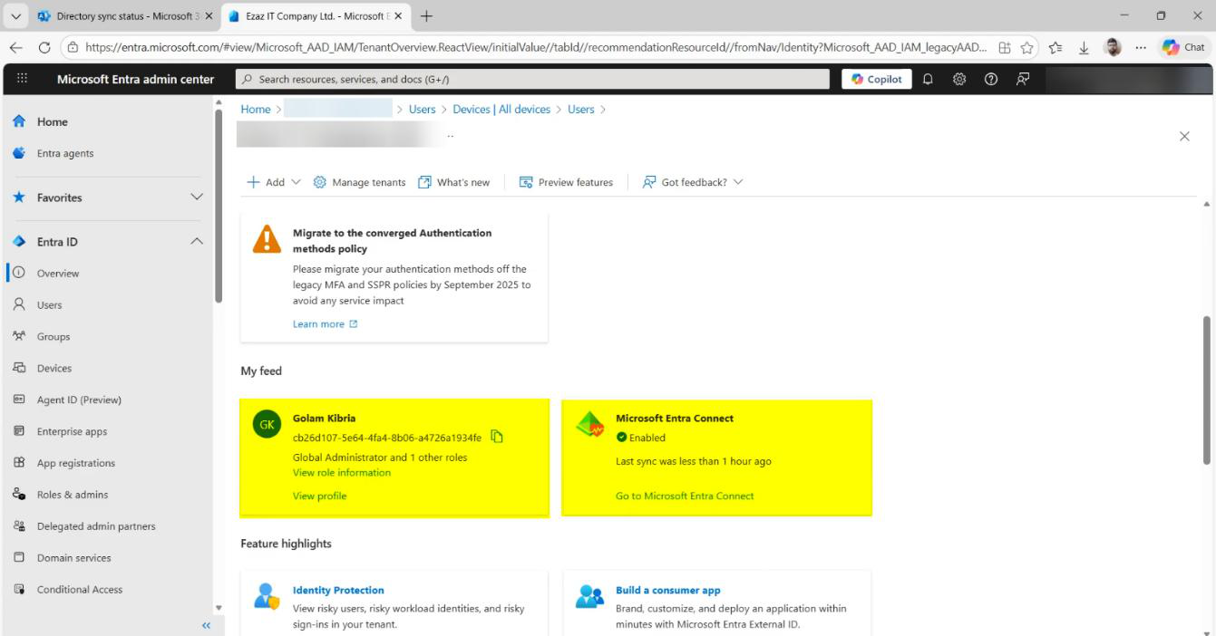 Entra admin centre Hybrid management > Entra Connect blade showing Sync Enabled and a recent Last Sync timestamp, the third-place verification confirming the cloud sees an active sync relationship” /><figcaption>Verify (Method 3) &mdash; Entra admin centre > Hybrid management > Entra Connect. Status shows Sync Enabled with a recent Last Sync timestamp. From here you can also kick off manual syncs, view sync errors, and see the current EC server&rsquo;s health.</figcaption></figure>
<p>Sign into <a href=