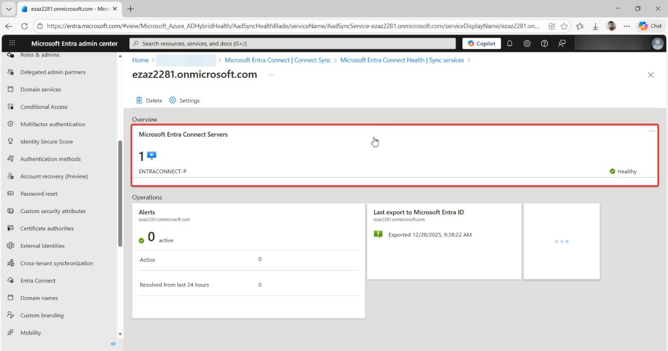 Sync services properties view showing Microsoft Entra Connect Servers as one of the configuration sections