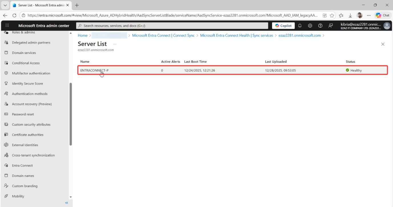 Connect Servers list pane showing one or more EC server hostnames registered with the tenant